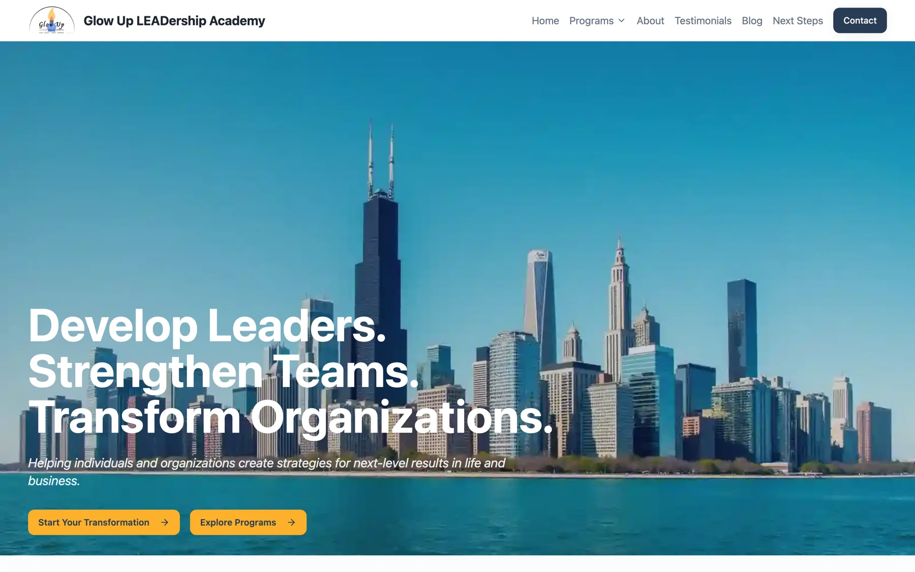 Glow Up Leadership homepage as built